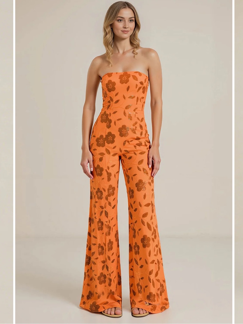 Strapless Orange Floral Wide-Leg Jumpsuit